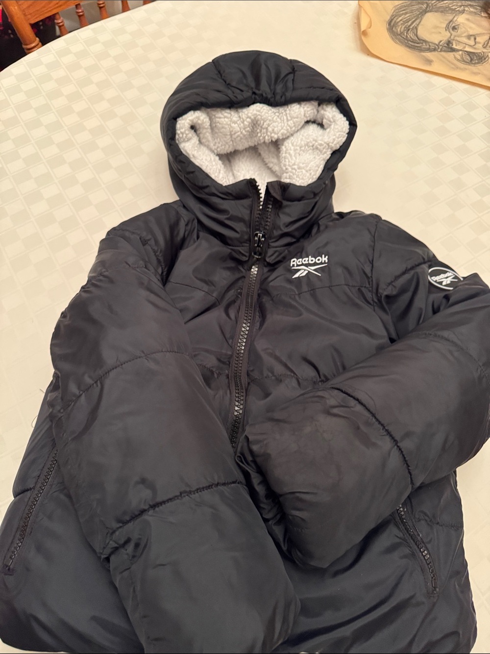 Reebok Kids Black Puffer Jacket with White Sherpa Hood Lining